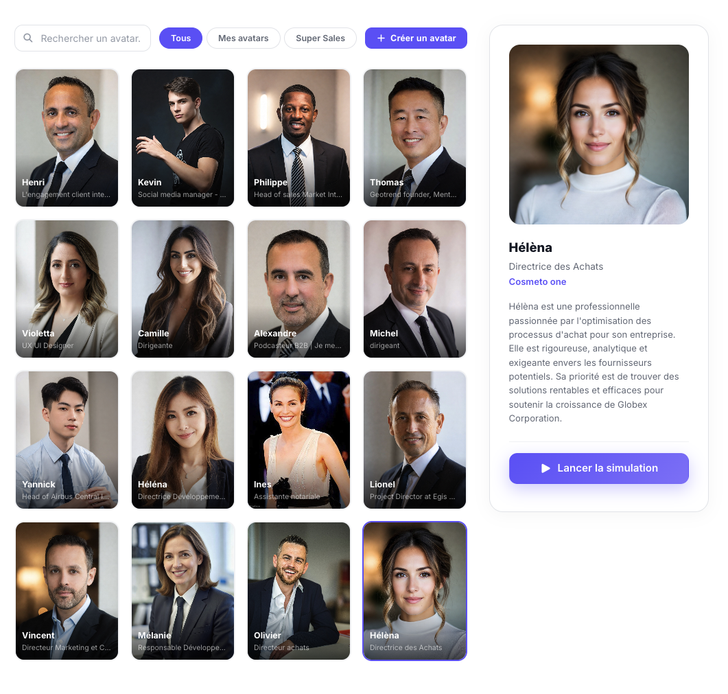Interface de sélection d'avatars Super Sales — choisissez un prospect IA parmi des profils réalistes